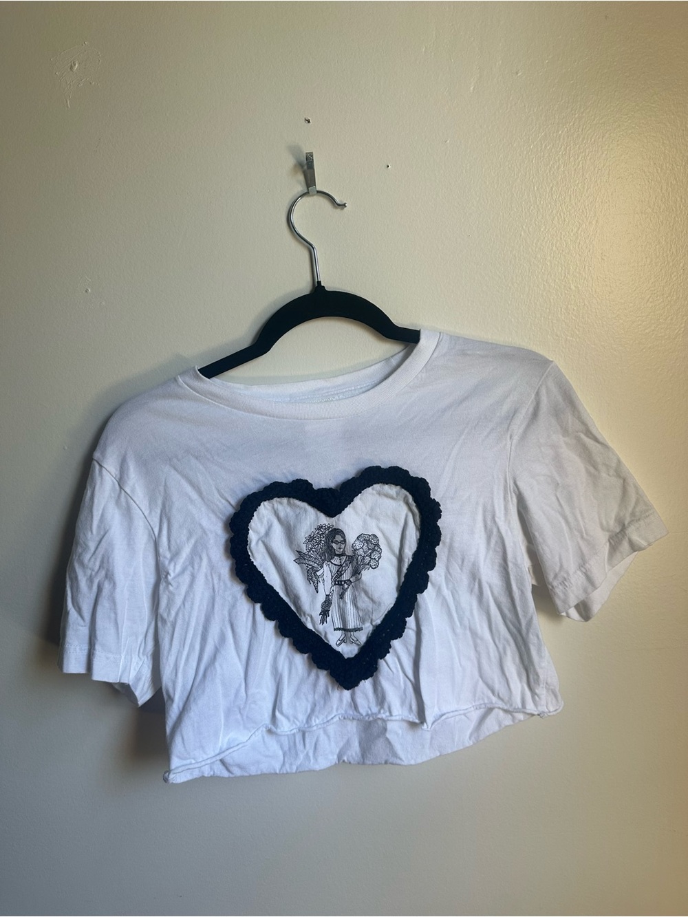Anna Sui White Crop Top with Black Crochet Heart Trim and illustration